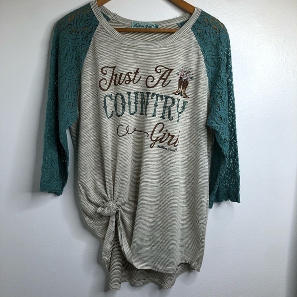 Southern Grace Tops - Southern Grace Womens XL Graphic Country Girl Turquoise Lace LS Sleeve